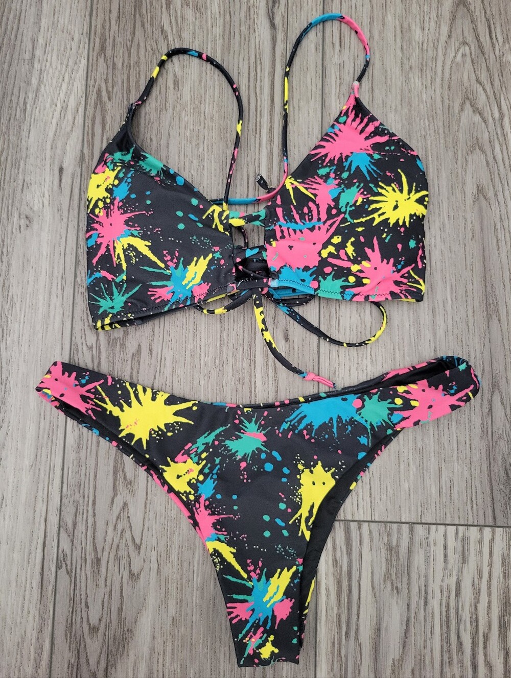 RELLECIGA Black Bikini with Neon Pink, Yellow & Teal Paint Splashes